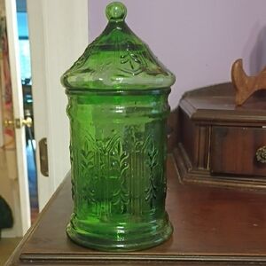Vintage Green Pressed Glass Lidded Canister